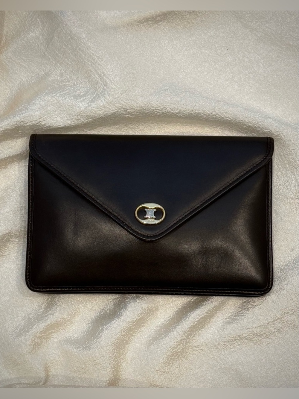 Auth Vintage 1990s Celine Triomphe Envelope Dark Brown Leather Clutch Bag - Picture 4 of 14